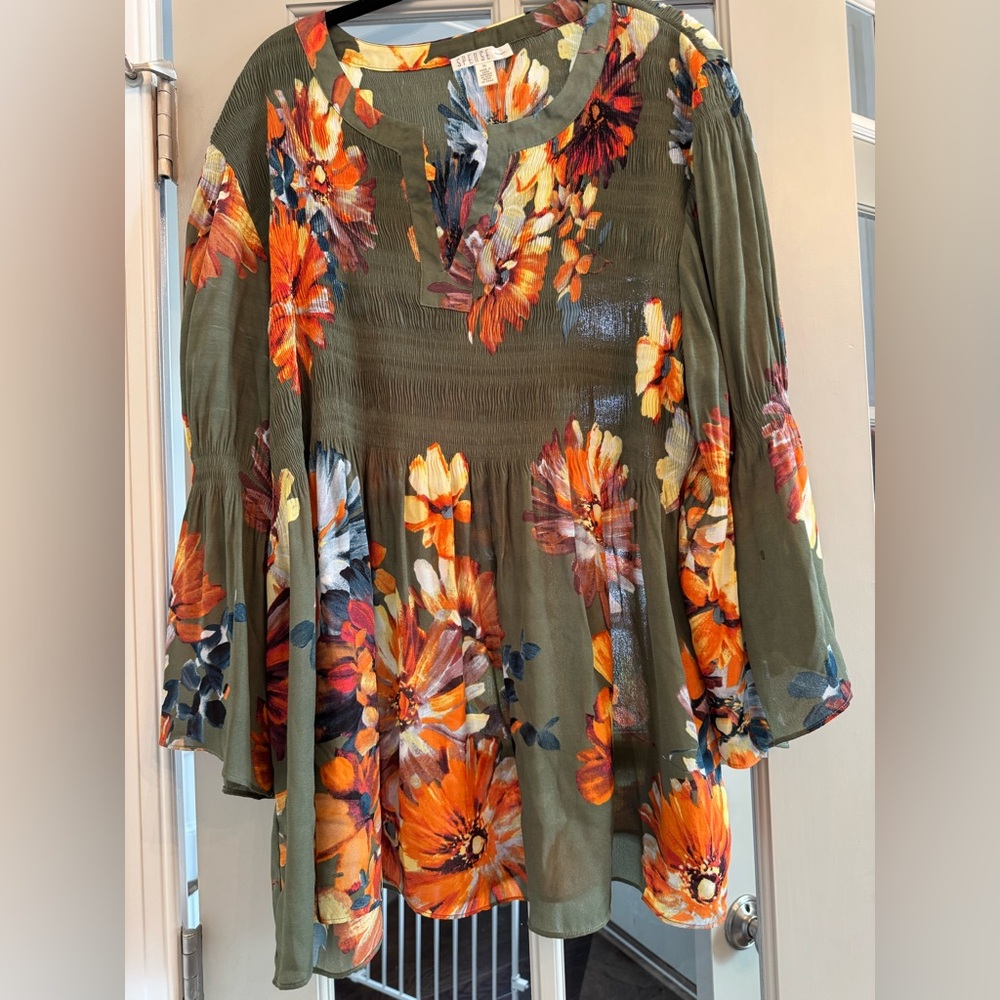 Spense Floral Blouse in Olive and Orange